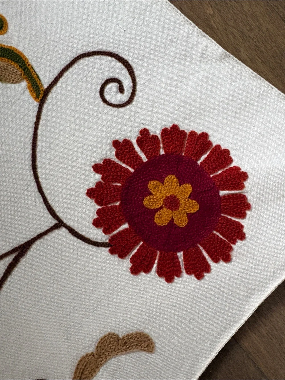 Table Runner 70” Embroidered Floral on Cream Background